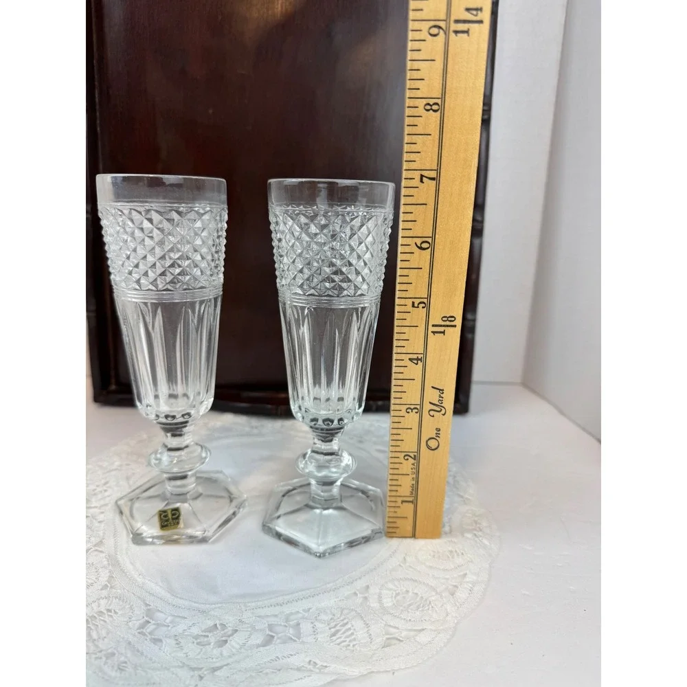 Sace Italy 24% Lead Crystal Champagne Flutes Set of 2 Hexagonal Base Diamond Cut